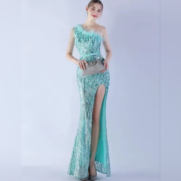 Mint Green, Assymmetrical Feather BeadedNeck, Graphic, Slit Thigh, Sequined Gown - Picture 2 of 11